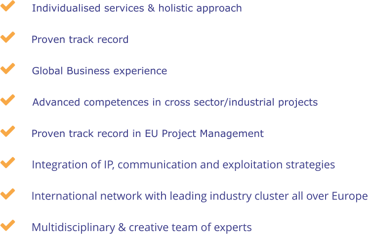 Individualised services & holistic approach International network with leading industry cluster all over Europe  Proven track record  Integration of IP, communication and exploitation strategies Advanced competences in cross sector/industrial projects  Proven track record in EU Project Management Multidisciplinary & creative team of experts Global Business experience        